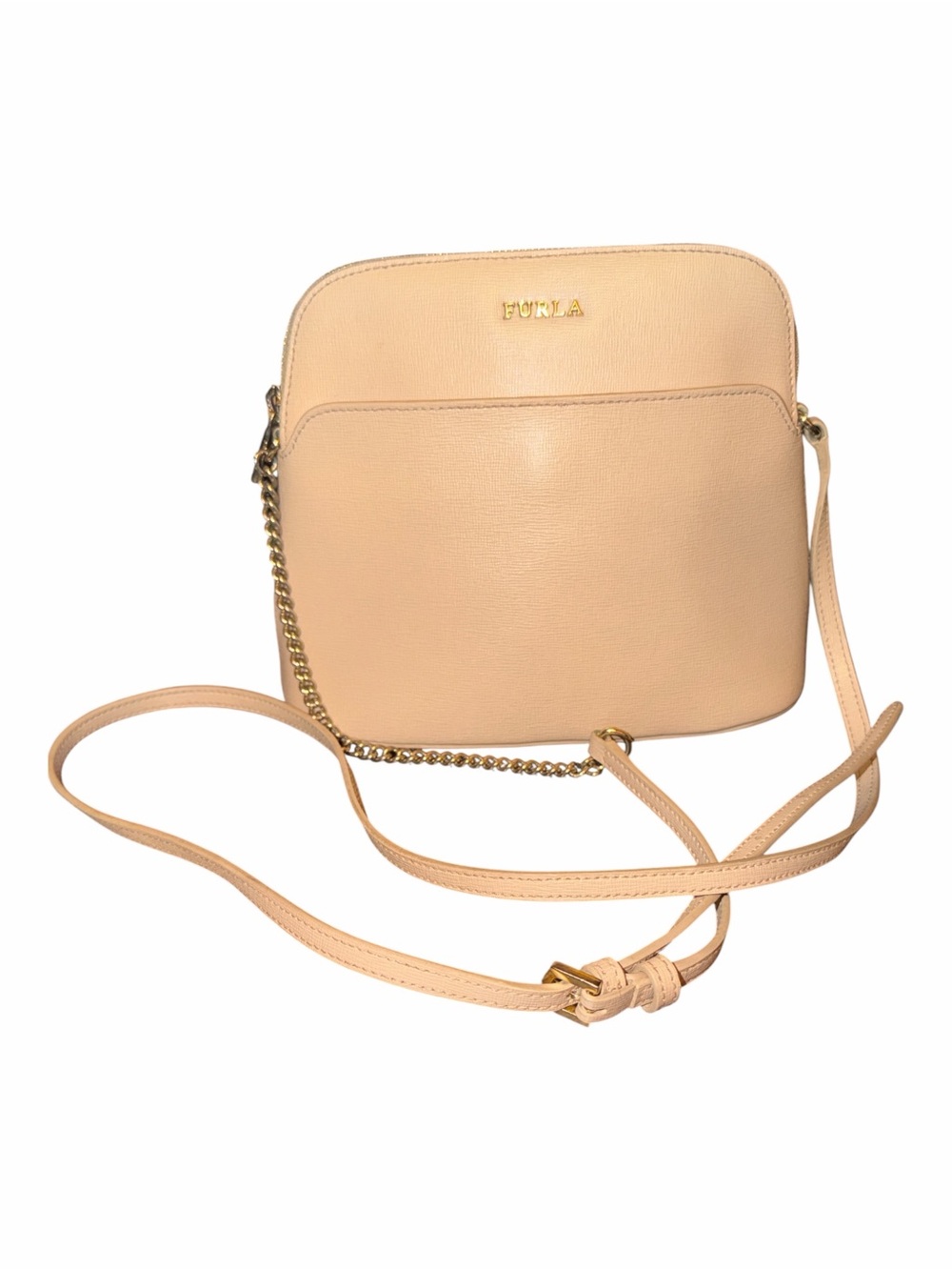 Furla Beige Saffiano Leather Dome Crossbody Bag Gold Chain Strap